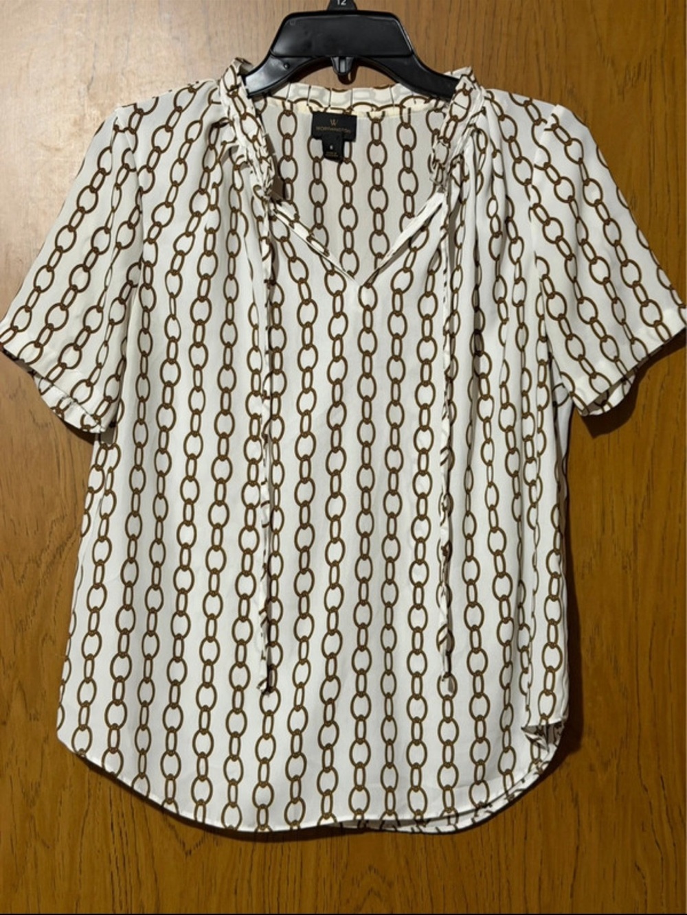 Worthington White Chain-Print Tie-Neck Blouse